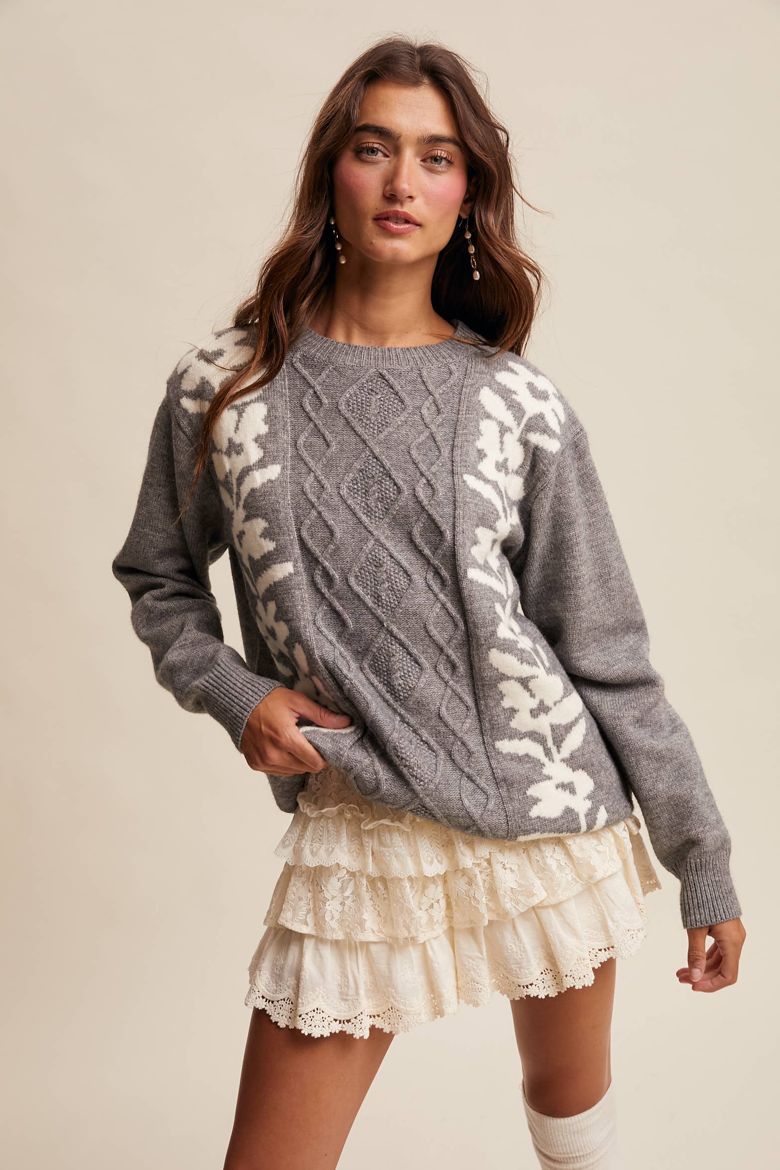 Floral Panel Cable Knit Sweater