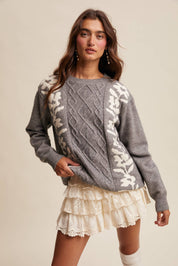 Floral Panel Cable Knit Sweater