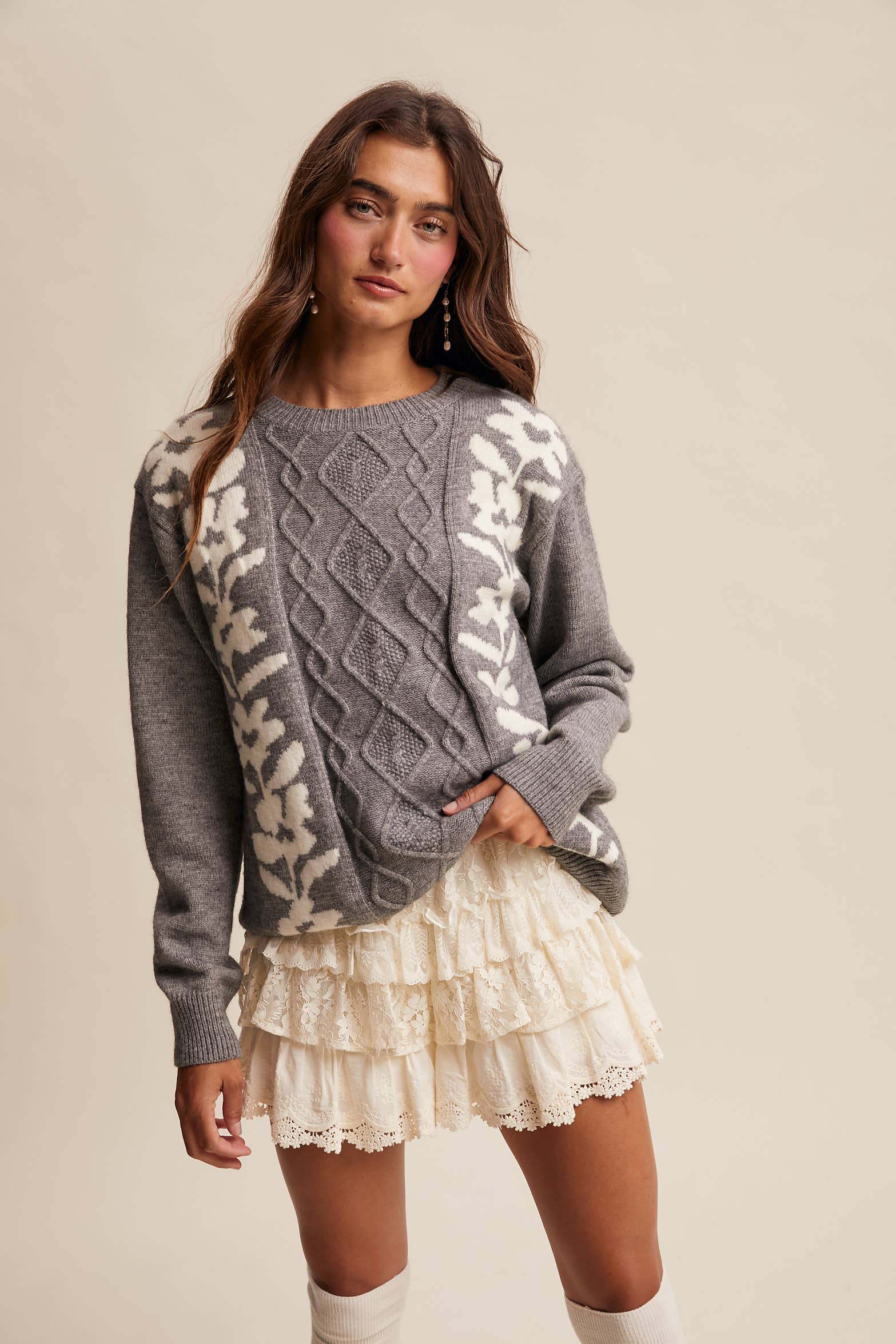 Floral Panel Cable Knit Sweater