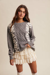 Floral Panel Cable Knit Sweater